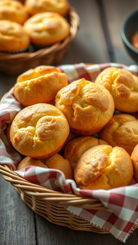 A basket filled with freshly baked cornbread muffins, showcasing their golden color and fluffy texture.