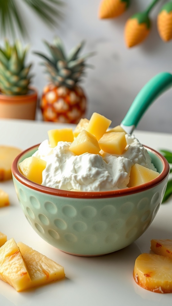 A bowl of cottage cheese topped with pineapple chunks, surrounded by pineapple slices.