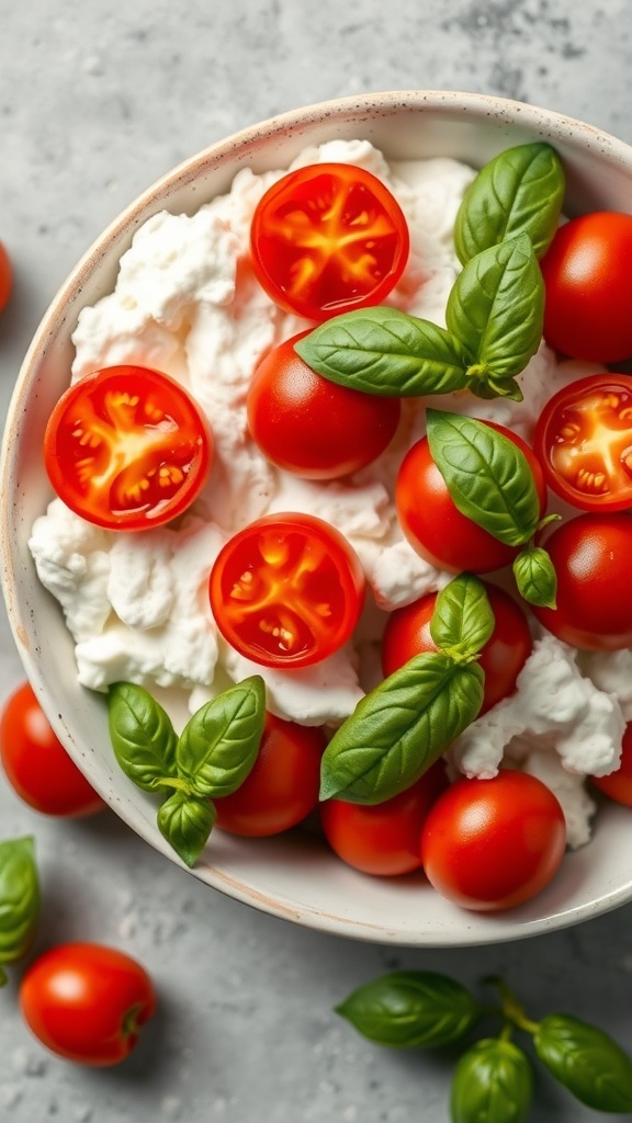 A bowl of cottage cheese topped with halved cherry tomatoes and fresh basil leaves.