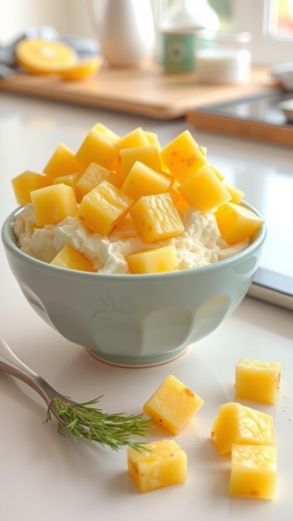 A bowl of cottage cheese topped with pineapple cubes, garnished with a sprig of dill.