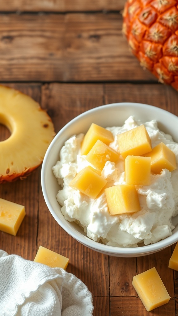 A bowl of cottage cheese topped with pineapple chunks, surrounded by pineapple slices on a wooden table.