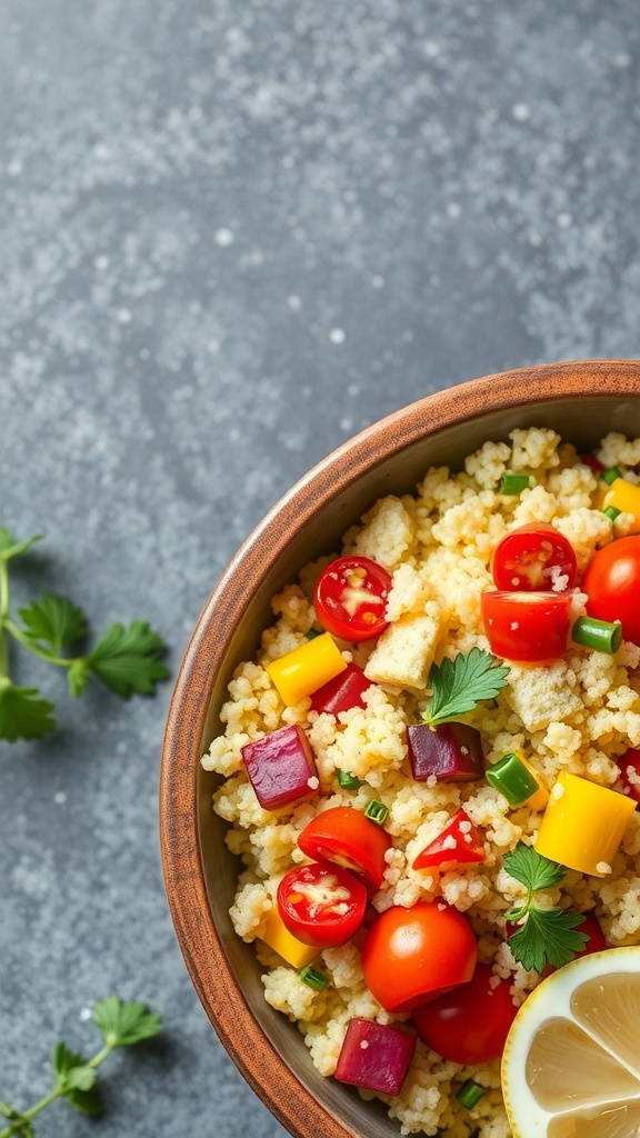 A bowl of colorful couscous salad with cherry tomatoes, bell peppers, and lemon slices.