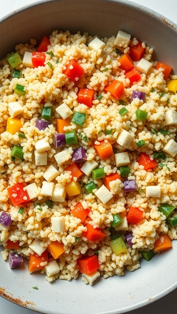 A bowl of couscous salad with colorful diced vegetables and cheese.