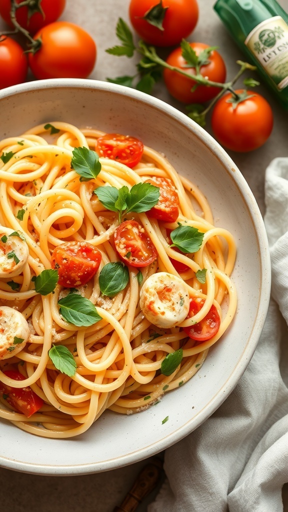 A bowl of crab linguine with cherry tomatoes and fresh herbs, surrounded by tomatoes and olive oil.
