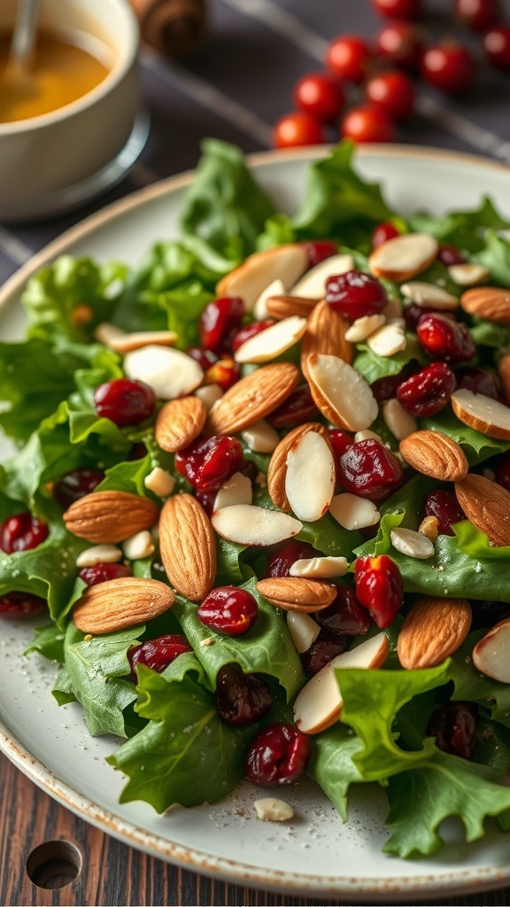 A colorful Cranberry Almond Salad with greens, cranberries, and almonds on a plate.