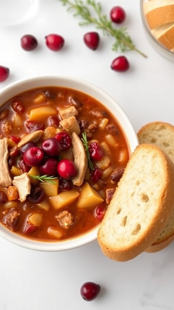 A bowl of cranberry and turkey chili with fresh cranberries and a slice of bread on the side.