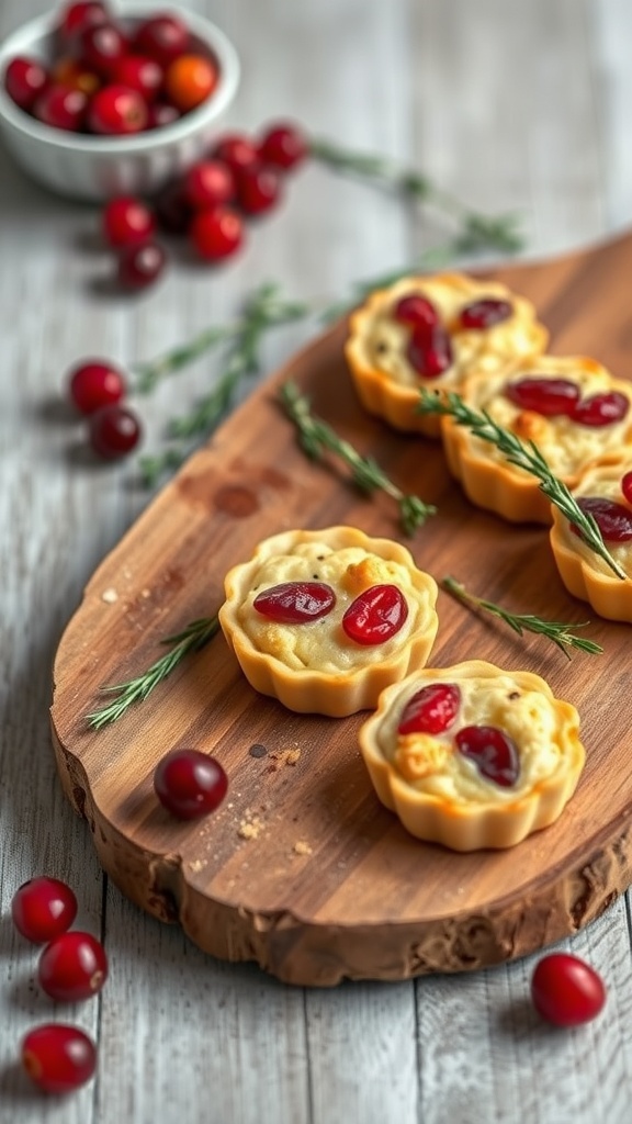 Cranberry Brie Bites on a wooden platter with fresh cranberries and rosemary.