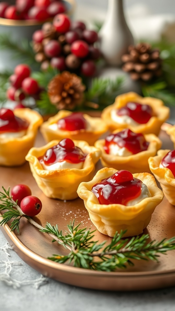 A platter of cranberry brie bites topped with cranberry sauce, surrounded by festive decorations.