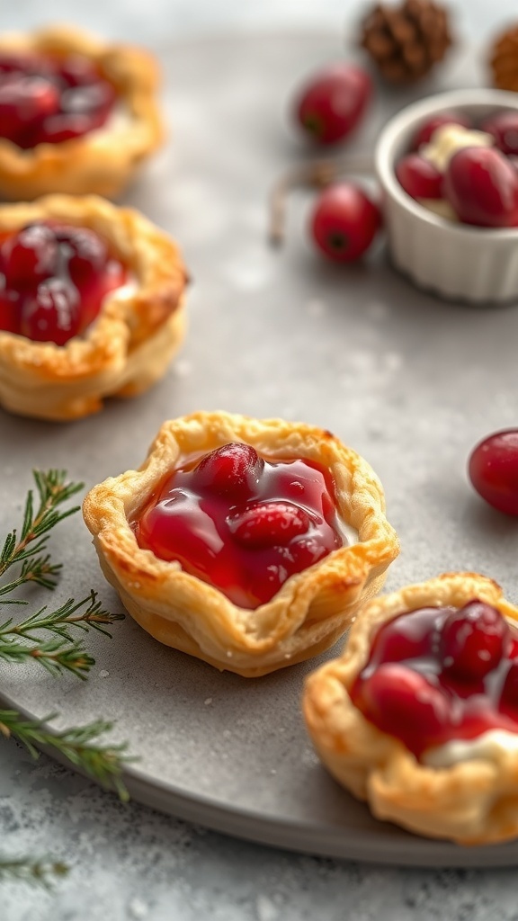 A plate of cranberry brie bites with a few cranberries and pinecones in the background.