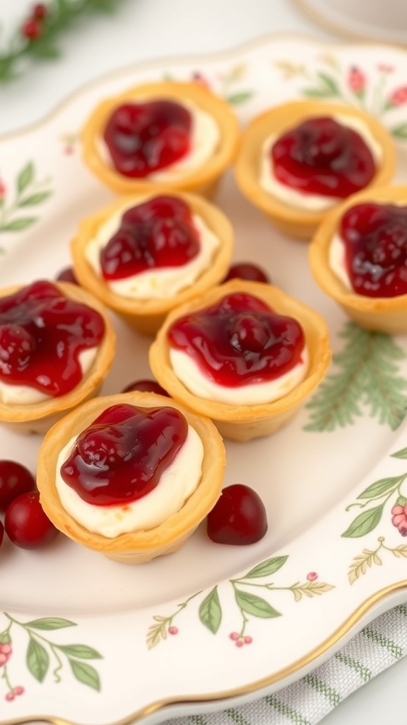 A plate of cranberry brie bites topped with cranberry sauce, garnished with fresh rosemary.