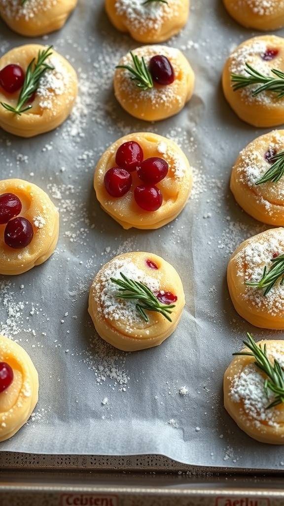 Cranberry Brie Bites arranged on a baking sheet with rosemary and cranberries