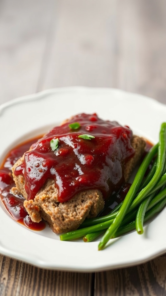 A slice of cranberry glazed meatloaf on a plate with green beans.