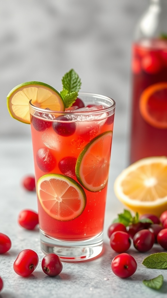 A refreshing glass of cranberry limeade mocktail garnished with lime slices and fresh cranberries.