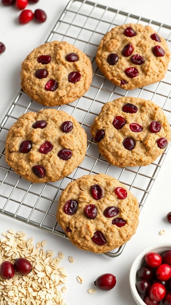 Cranberry oatmeal cookies on a cooling rack with fresh cranberries and oats scattered around.