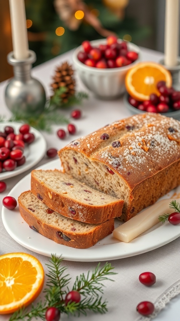 A loaf of cranberry orange bread sliced on a plate, surrounded by fresh cranberries and orange slices.