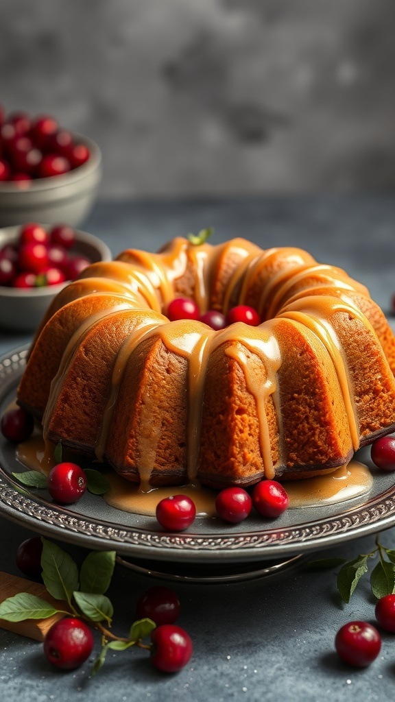 Cranberry Orange Bundt Cake with a drizzle of glaze and fresh cranberries