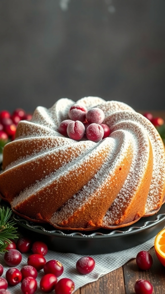 A beautifully decorated Cranberry Orange Bundt Cake with powdered sugar and fresh cranberries on top.