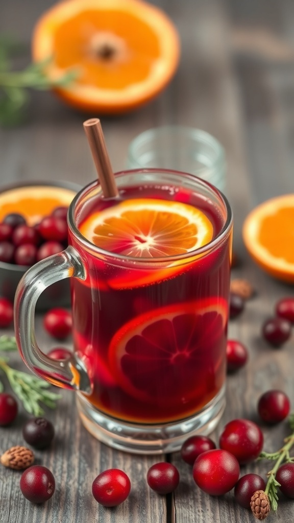A warm mug of cranberry orange coffee infusion with cranberries and orange slices