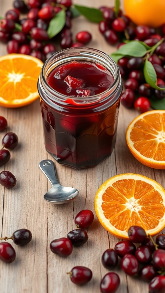 A jar of cranberry orange jam surrounded by fresh cranberries and orange slices on a wooden surface.
