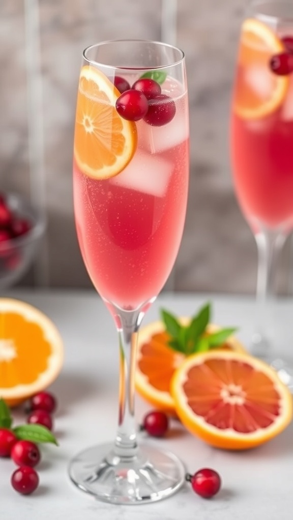 A refreshing Cranberry Orange Mimosa garnished with cranberries and orange slices.