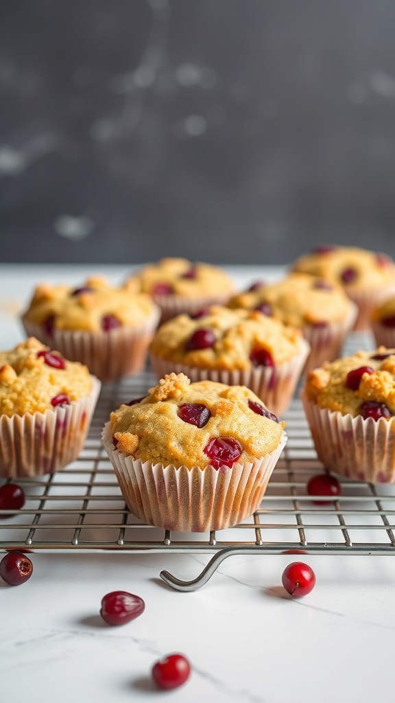 Freshly baked cranberry orange muffins on a cooling rack