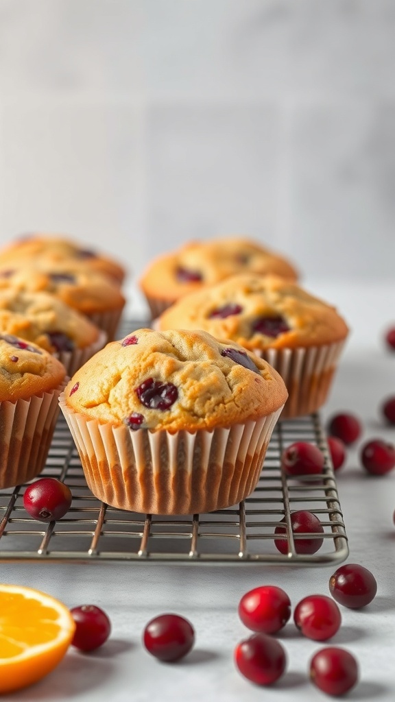 Freshly baked cranberry orange muffins on a cooling rack with cranberries and an orange slice.