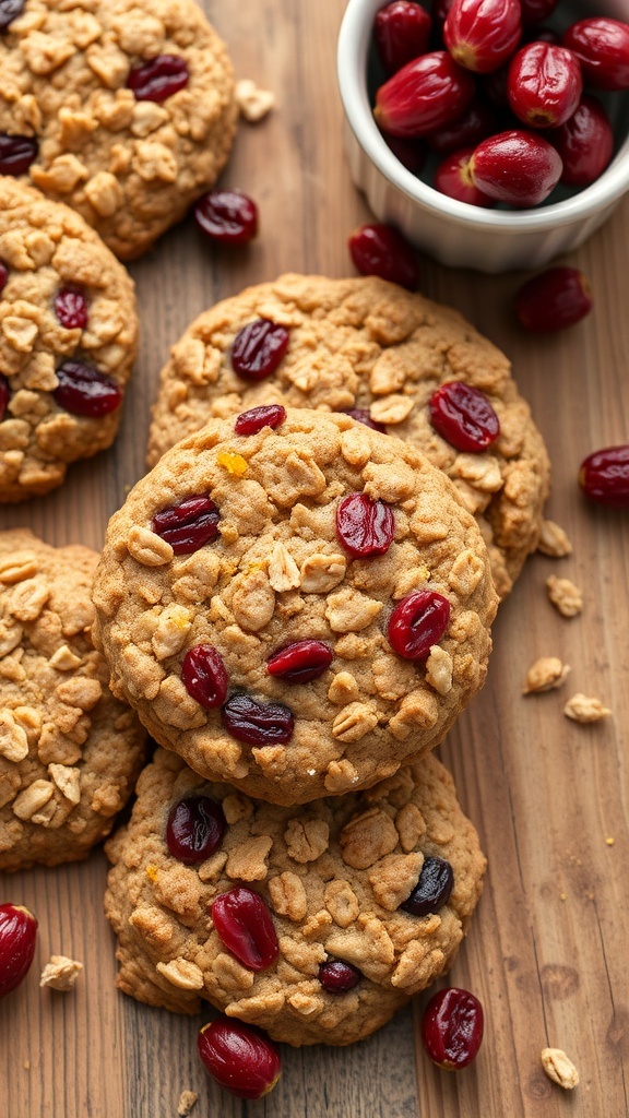 Cranberry orange oatmeal cookies stacked on a wooden surface with fresh cranberries in a bowl
