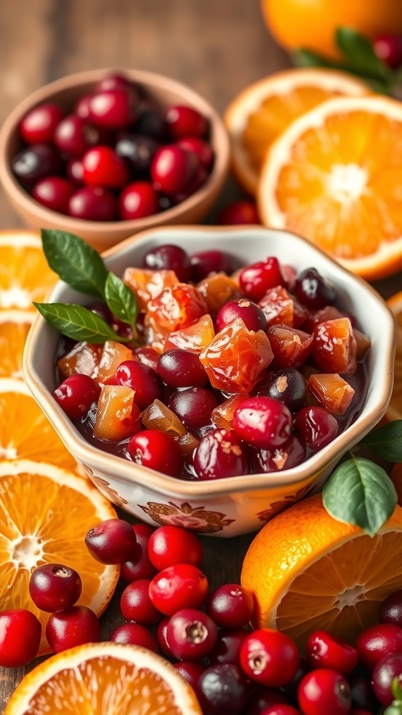 A bowl of cranberry orange relish surrounded by fresh cranberries and oranges.