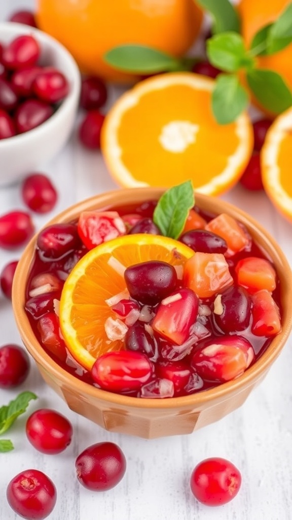 A bowl of cranberry orange relish with fresh cranberries and oranges in the background.