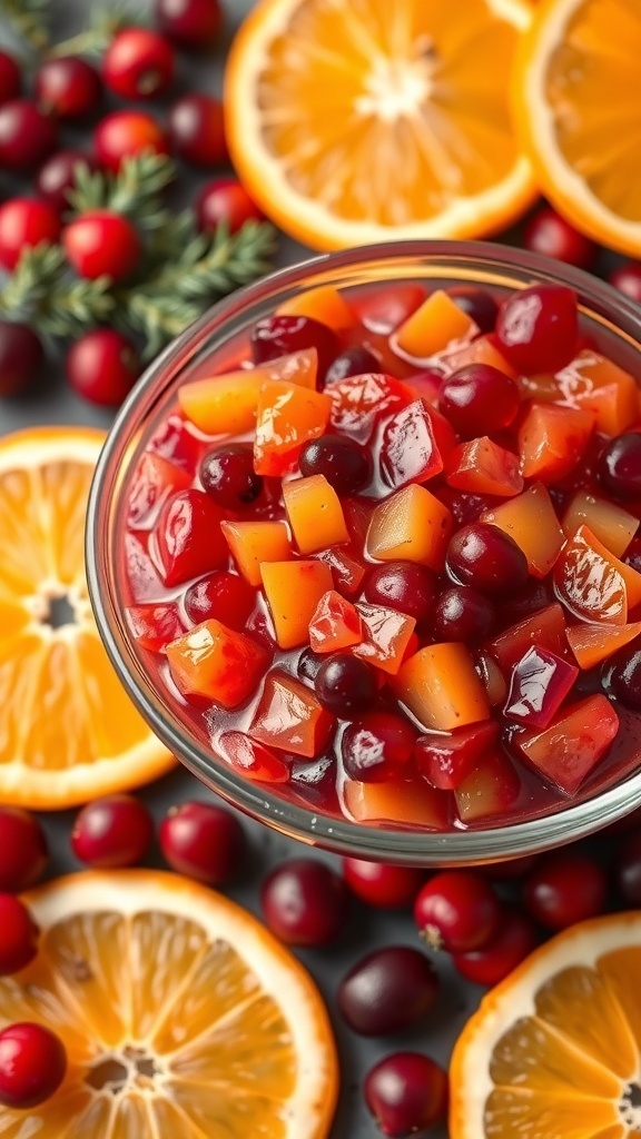 A bowl of cranberry orange relish surrounded by fresh cranberries and orange slices.