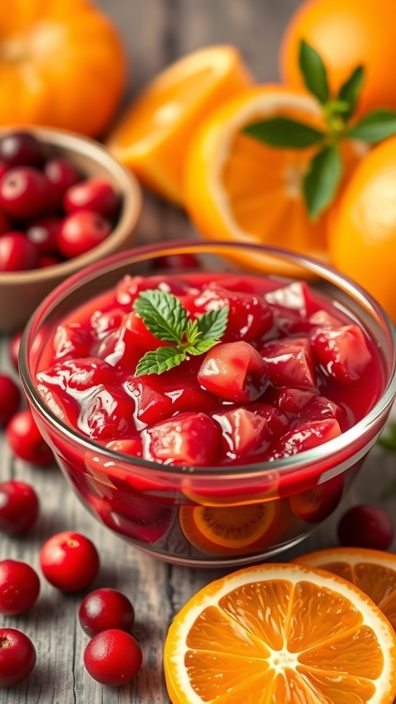 A bowl of cranberry orange relish surrounded by fresh cranberries and orange slices.