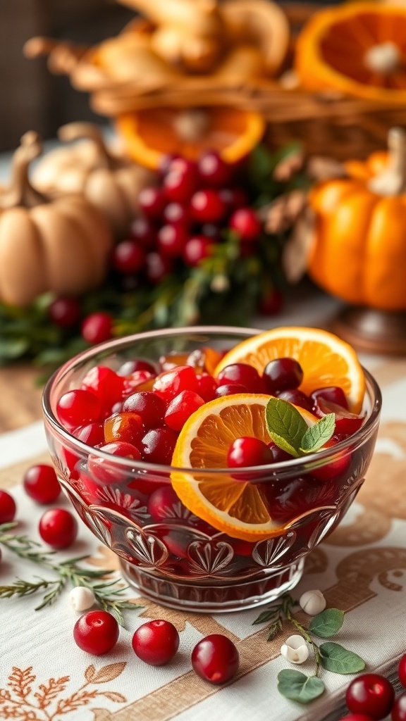 A bowl of cranberry orange relish with fresh cranberries and orange slices, surrounded by festive decor.