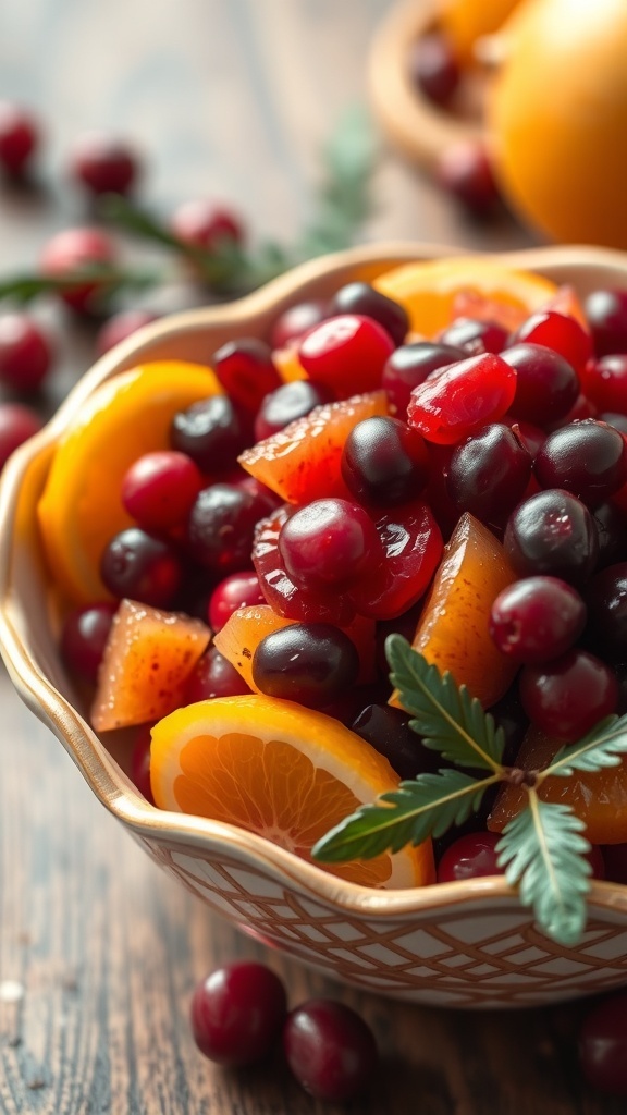 A bowl of cranberry orange relish with fresh cranberries and orange slices.