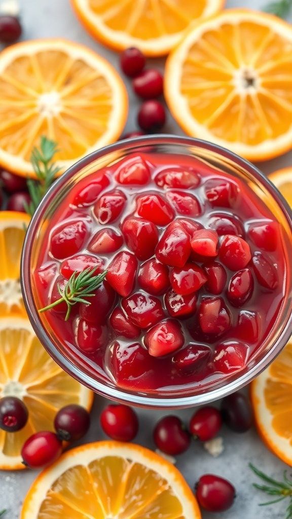 A bowl of cranberry orange relish surrounded by fresh oranges and cranberries.
