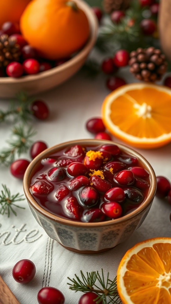 A bowl of cranberry orange sauce surrounded by fresh cranberries and oranges, perfect for Thanksgiving.