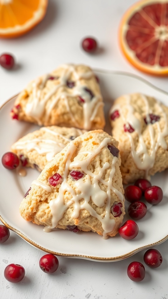 Cranberry orange scones drizzled with icing, surrounded by fresh cranberries and orange slices.