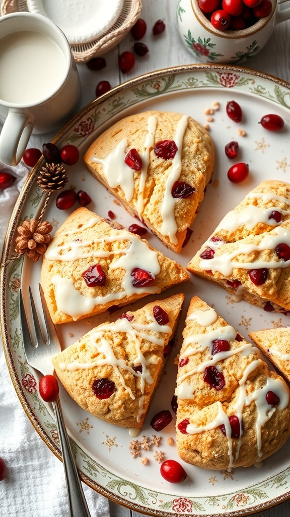 A plate of cranberry orange scones drizzled with icing, surrounded by fresh cranberries and a cup of milk.