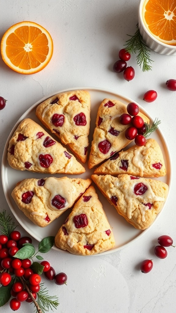 A plate of cranberry orange scones with fresh cranberries and orange slices