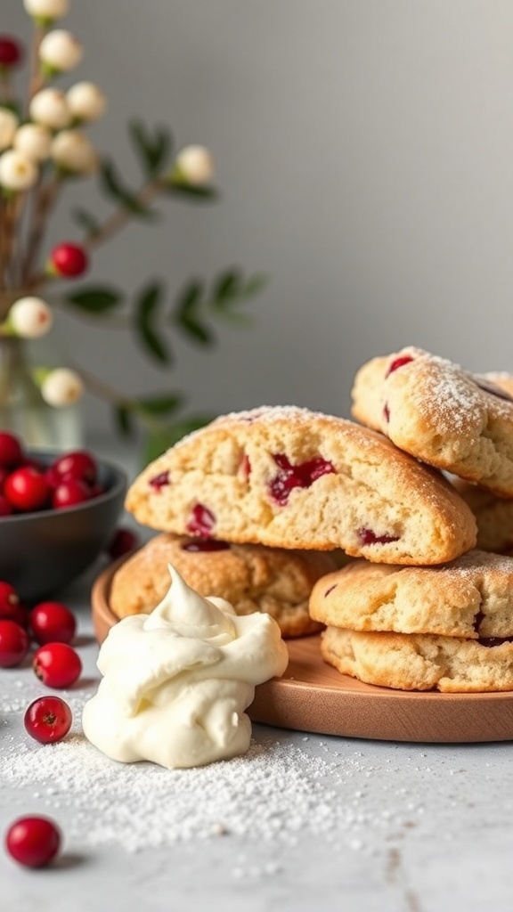 Cranberry orange scones with cream on a wooden plate, surrounded by fresh cranberries and decorative branches.