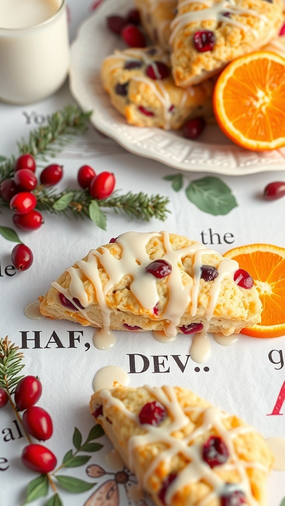 Cranberry orange scones drizzled with glaze, surrounded by cranberries and an orange slice.