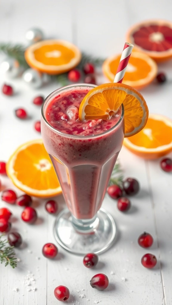 A glass of cranberry orange smoothie with a slice of orange on the rim, surrounded by cranberries and orange halves.