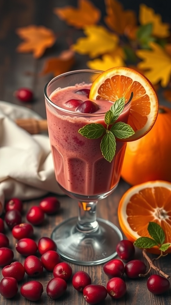 A glass of cranberry orange smoothie garnished with orange slice and mint, surrounded by cranberries and an orange.