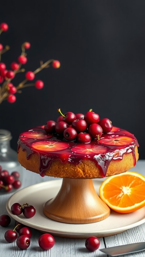 A beautifully presented Cranberry Orange Upside-Down Cake topped with cranberries and orange slices, sitting on a wooden cake stand.