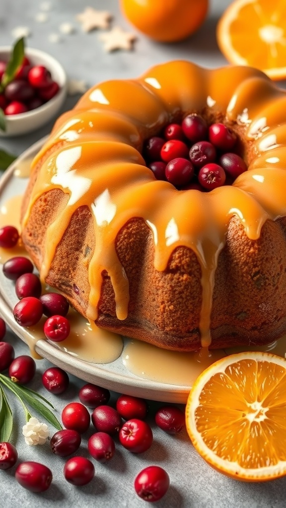 A beautifully decorated Cranberry Orange Zest Cake topped with a shiny glaze, surrounded by fresh cranberries and orange slices.