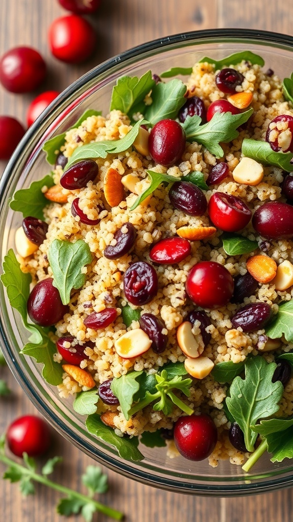 A bowl of cranberry quinoa salad with greens and nuts