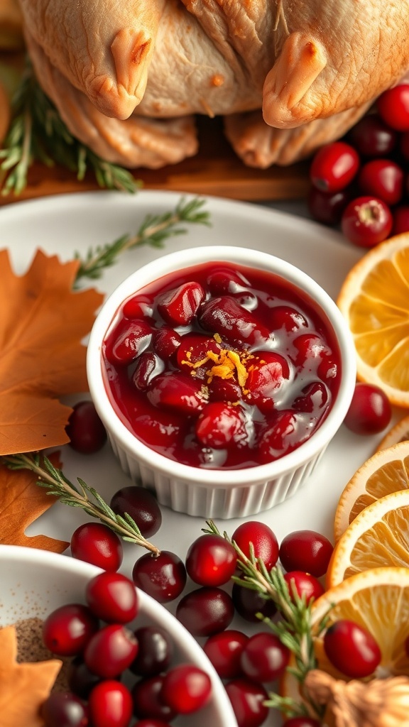 A bowl of cranberry sauce with orange zest, surrounded by fresh cranberries and orange slices, set against a backdrop of autumn leaves and a turkey.