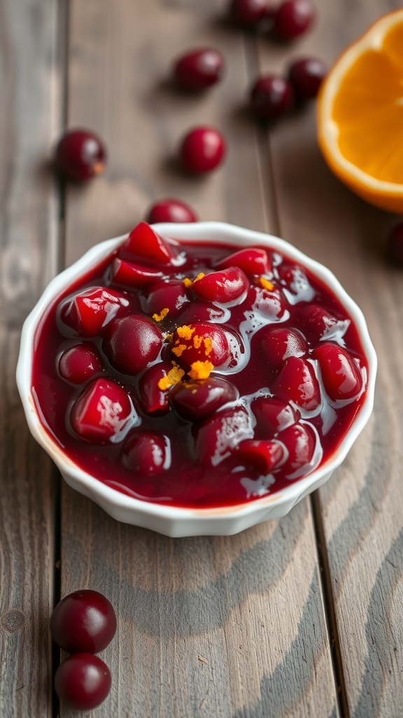 A bowl of cranberry sauce with orange zest, surrounded by fresh cranberries and an orange half on a wooden table.