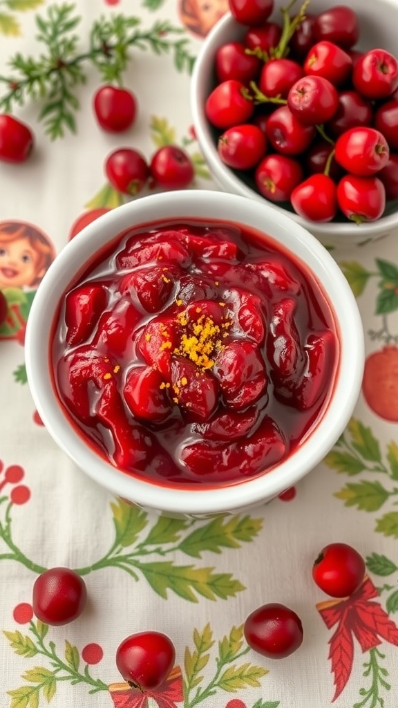 A bowl of cranberry sauce with orange zest surrounded by fresh cranberries on a festive tablecloth.