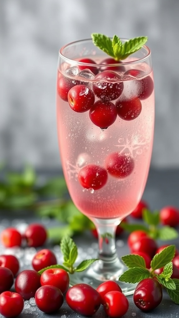 A refreshing cranberry sparkler mocktail with fresh cranberries and mint leaves