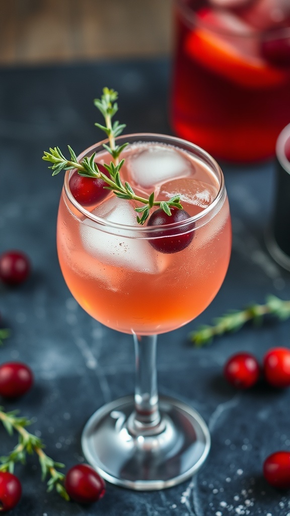 A refreshing Cranberry Thyme Spritz cocktail garnished with thyme and cranberries.